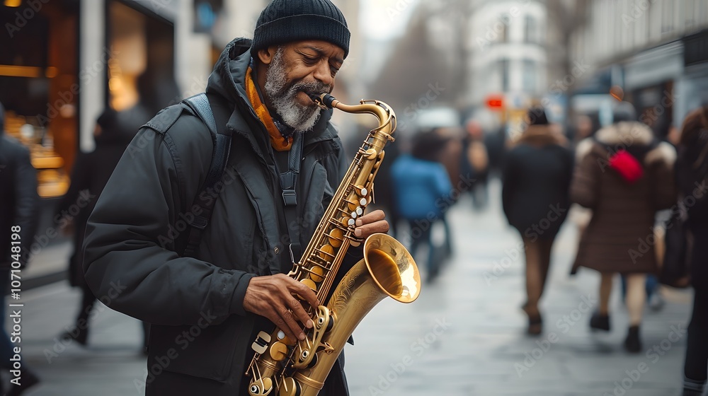 Fototapeta premium A musician playing the saxophone on a busy street
