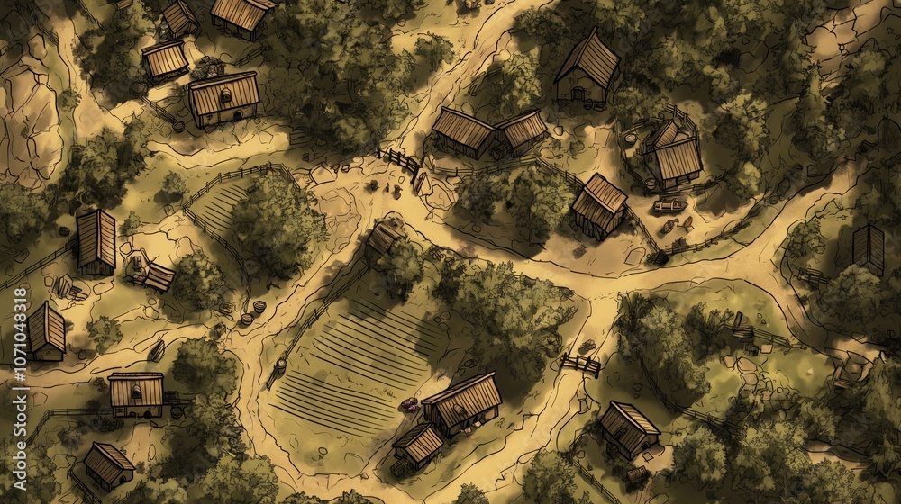 Obraz premium Rural Countryside Estate Houses Buildings Tabletop RPG Map, Fantasy Roleplaying Dungeon Battlemap, Adventure Games Encounters, Farmhouses Farm Town Gaming Design, TTRPG Buildings Architecture Concept