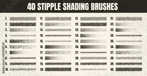 Stipple scatter brush, ink drawing and texturing. Fading gradient. Stippling, dotwork drawing, shading using dots. Halftone disintegration effect. White noise grainy texture. Vector illustration