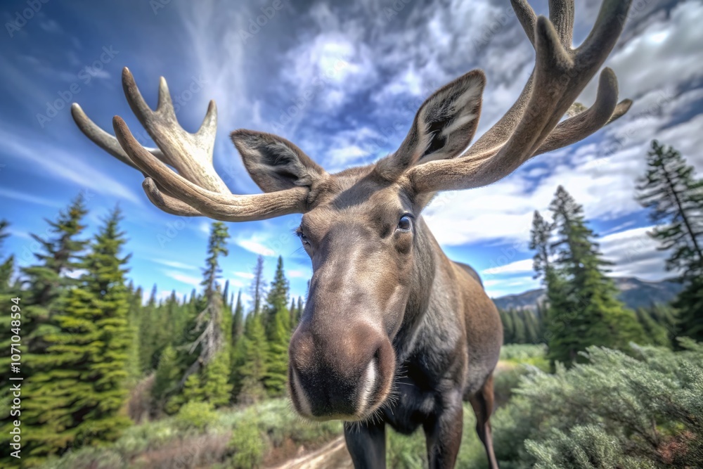 Majestic Aerial View of a Large Moose in its Natural Habitat Surrounded by Lush Green Forest and Peaceful Wilderness Landscape Captured from Above with Drone Photography Majestic Aerial View of a Large Moose in its Natural Habitat Surrounded by Lush Green Forest and Peaceful Wilderness Landscape Captured from Above with Drone Photography