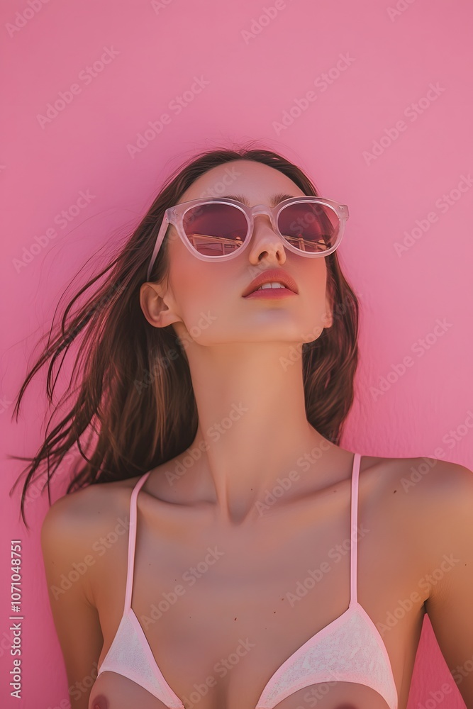 A woman in a bikini top and sunglasses on a pink background A woman in a bikini top and sunglasses on a pink background