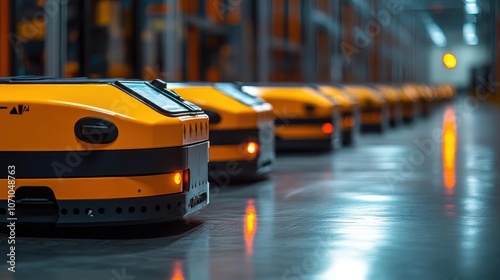 A wideangle view of automated guided vehicles AGVs in a warehouse, AGVs, Advanced and organized