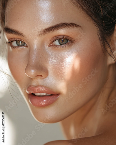 A woman with natural makeup looks at the camera with a soft smile, her skin glowing in the sunlight