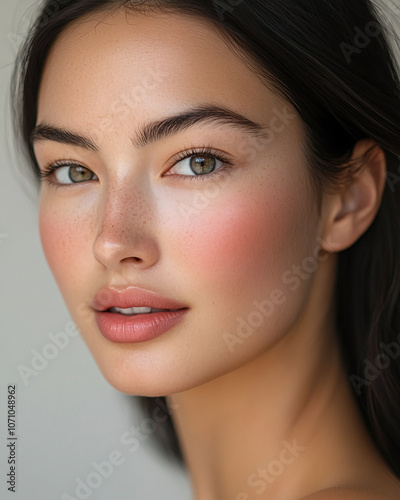 A woman with dark hair and rosy cheeks looks off-camera, highlighting her natural beauty