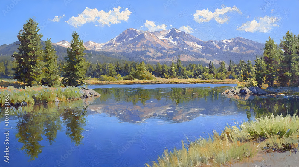 Fototapeta premium A serene lake scene with a snow-capped mountain reflecting in its clear blue waters. The sky is a bright blue with fluffy white clouds.