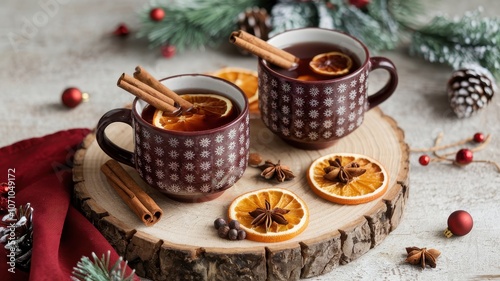 Two cups of hot chocolate with cinnamon sticks and orange slices