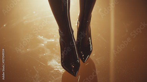 A woman walks across a shiny reflective surface, dressed in high-gloss knee-high latex boots photo