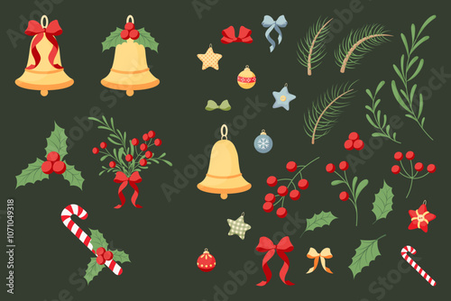Christmas decorations. Spruce, red berries, green leaves. Christmas flowers. Hand drawn vector illustration