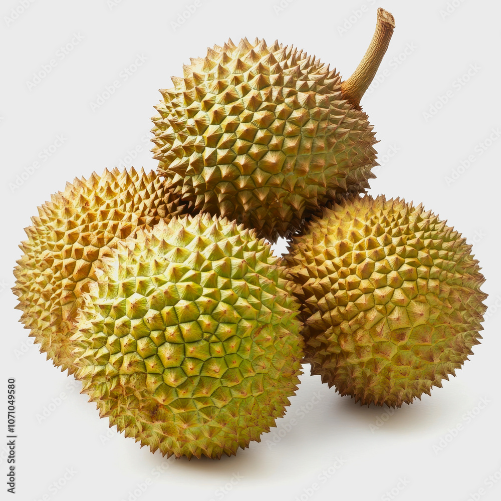 A collection of fresh durians showcasing their unique green spiky exterior on a clean white background, perfect for illustrating tropical cuisine or exotic fruits. A collection of fresh durians showcasing their unique green spiky exterior on a clean white background, perfect for illustrating tropical cuisine or exotic fruits.