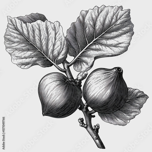 Detailed botanical illustration of ripe figs accompanied by lush leaves, set on a clean white background, perfect for nature lovers and food enthusiasts.