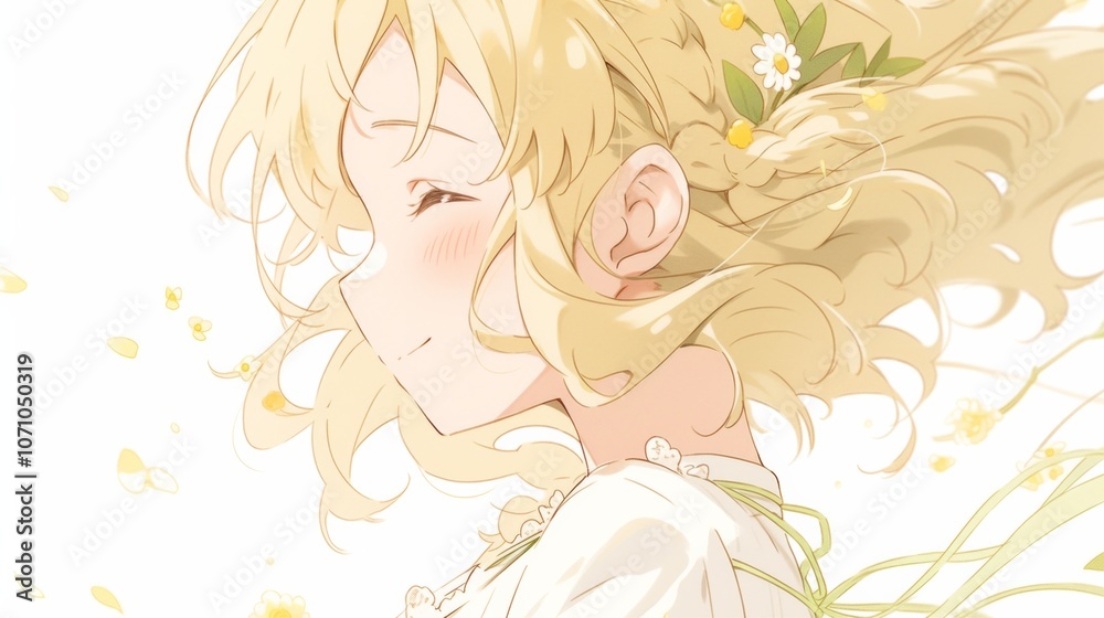 Chibi anime character with blonde curly hair, smiling and looking up at the sky. Simple yellow background with a white border, side profile Chibi anime character with blonde curly hair, smiling and looking up at the sky. Simple yellow background with a white border, side profile