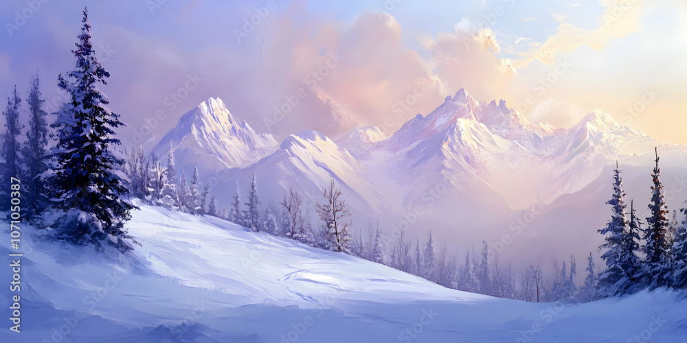 Snow-capped mountain range with trees, winter illustration . illustration Snow-capped mountain range with trees, winter illustration . illustration