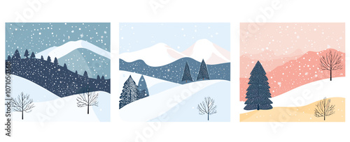 Cozy Winter Wonderland Illustrations with Snow-Covered Landscapes and Pine Trees