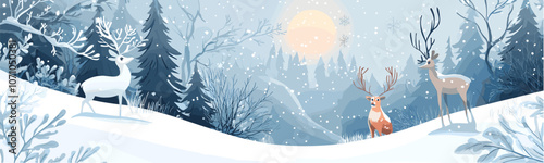 Enchanting Winter Wonderland with Reindeer and Snow-Covered Pine Trees in a Serene Landscape