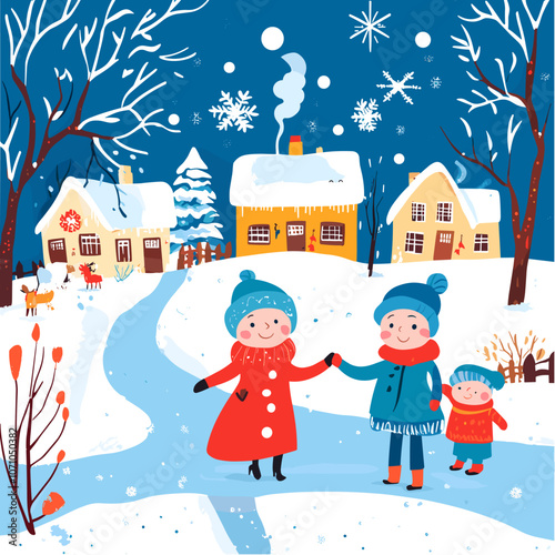 Cozy Winter Wonderland: Family Fun in a Snowy Village with Cheerful Characters and Festive Atmosphere