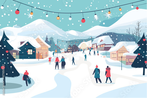 Winter Wonderland Scene with Cozy Activities and Snowy Landscape for Holiday Designs
