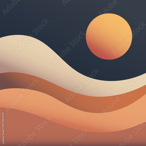 Vector illustration. Simple and stylish abstract illustration with hills and a solar disk. Pastel shades and smooth lines create a calm mood.