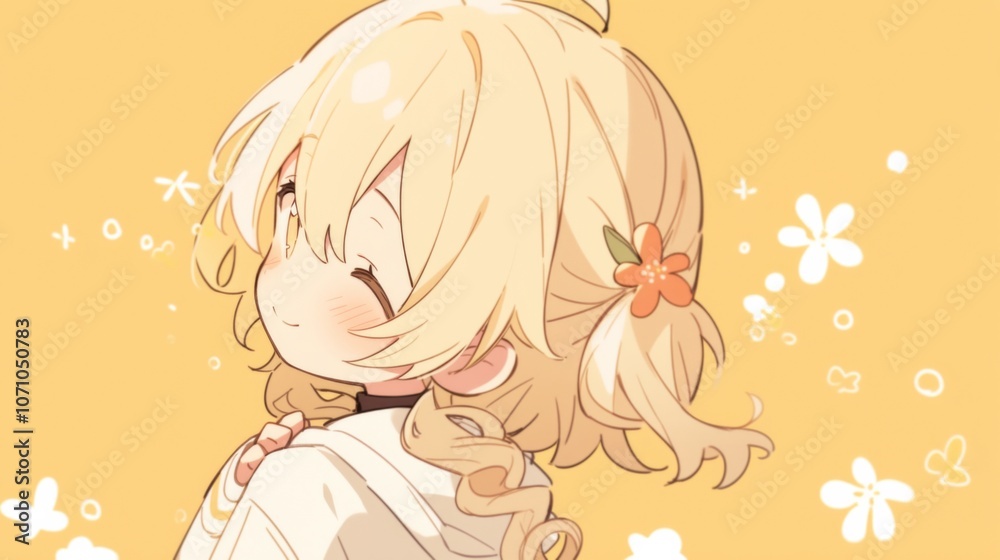 Chibi anime character with blonde curly hair, smiling and looking up at the sky. Simple yellow background with a white border, side profile Chibi anime character with blonde curly hair, smiling and looking up at the sky. Simple yellow background with a white border, side profile