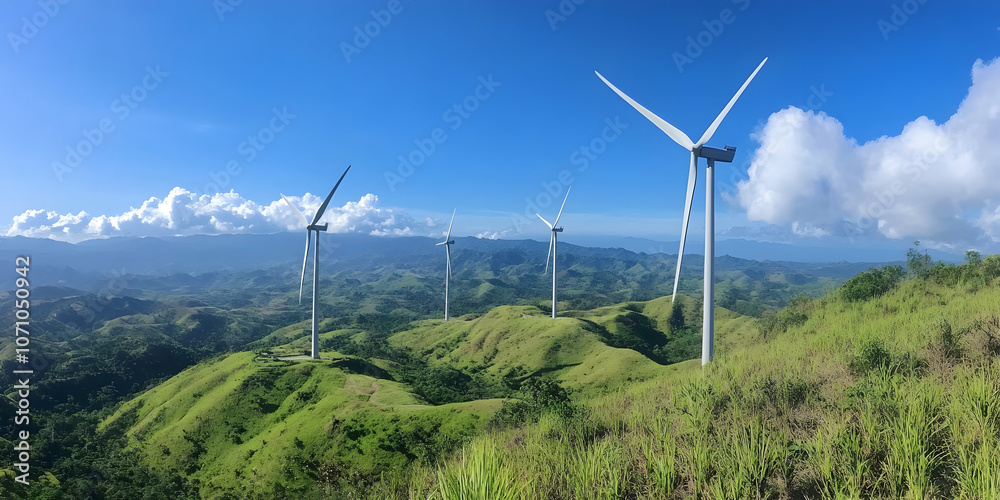 Wind farm on green hills, representing sustainable technology and environment Wind farm on green hills, representing sustainable technology and environment