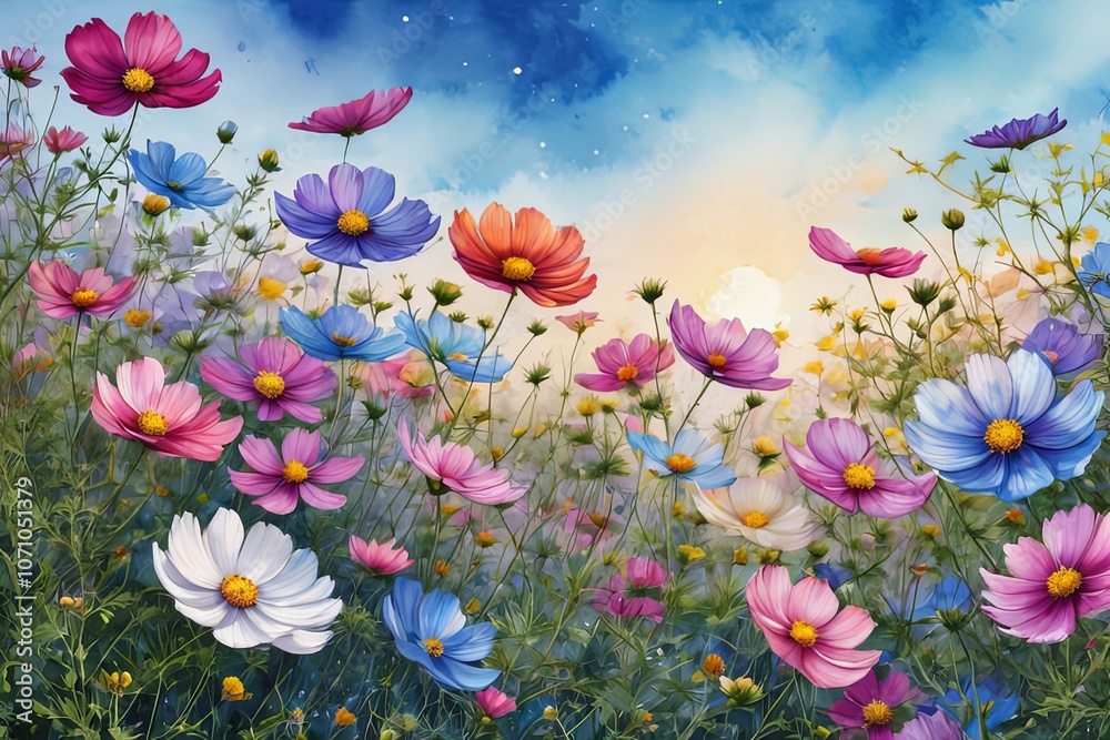 Dynamic scene of wildflowers swaying under expansive blue sky. Colorful petals in soft colorful create harmonious blend, set against dramatic clouds, capturing spirit of spring. For greeting cards. Dynamic scene of wildflowers swaying under expansive blue sky. Colorful petals in soft colorful create harmonious blend, set against dramatic clouds, capturing spirit of spring. For greeting cards.