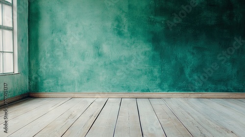   A green-walled room with a wooden floor, featuring a window on one side and wooden flooring on the other photo