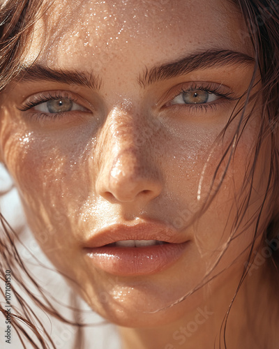 A woman's face is illuminated by the sun, her skin glistening with sweat