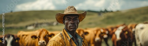 African farmer working in barn feeding cows on a dairy farm