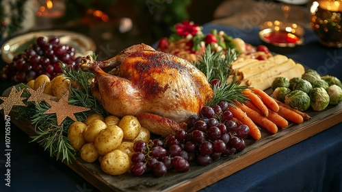 Festive Christmas dinner with traditional dishes and decorations