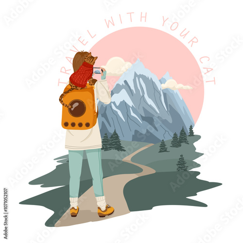 Woman hiking in the mountains with a bengal cat in a pet carrier backpack. Vector hand drawn cartoon illustration. Scene with a traveler and animal. Travel with your cat concept art.