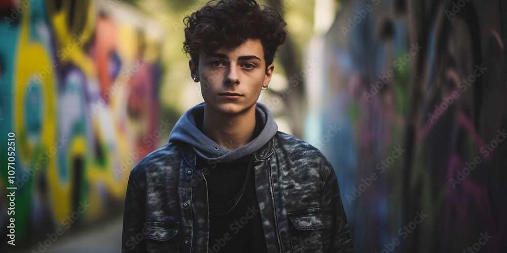 Young Man in Urban Alleyway with Colorful Graffiti Background – Modern Street Fashion and Thoughtful Look Young Man in Urban Alleyway with Colorful Graffiti Background – Modern Street Fashion and Thoughtful Look