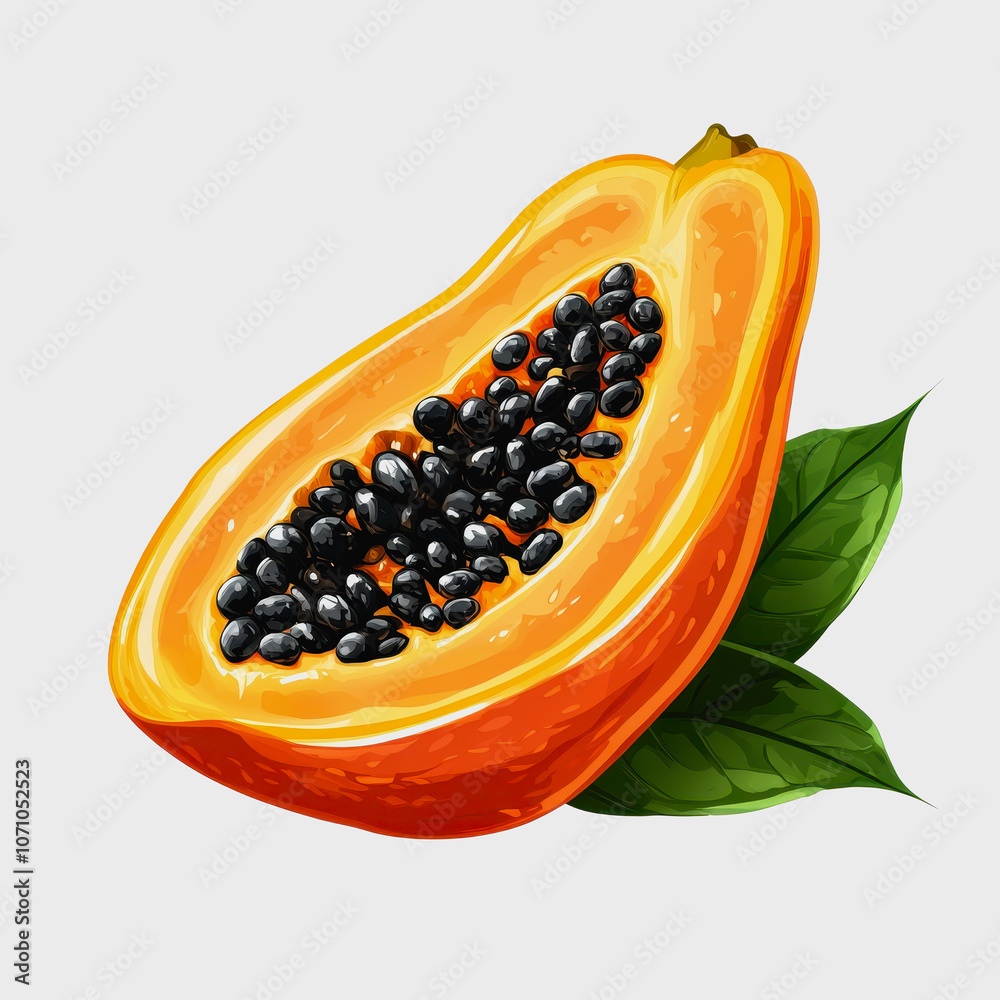A vibrant illustration of a sliced papaya showcasing its rich orange flesh and black seeds, set on a clean white background, perfect for food-related projects. A vibrant illustration of a sliced papaya showcasing its rich orange flesh and black seeds, set on a clean white background, perfect for food-related projects.