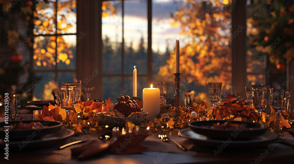 A table is set with autumn leaves and candles, glowing in the warm light of the setting sun through a window A table is set with autumn leaves and candles, glowing in the warm light of the setting sun through a window