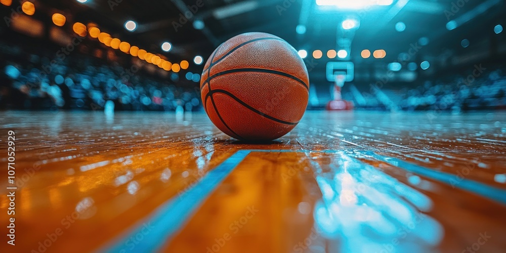 Basketball on a Wooden Court with Blue Lines and Blurred Lights Basketball on a Wooden Court with Blue Lines and Blurred Lights