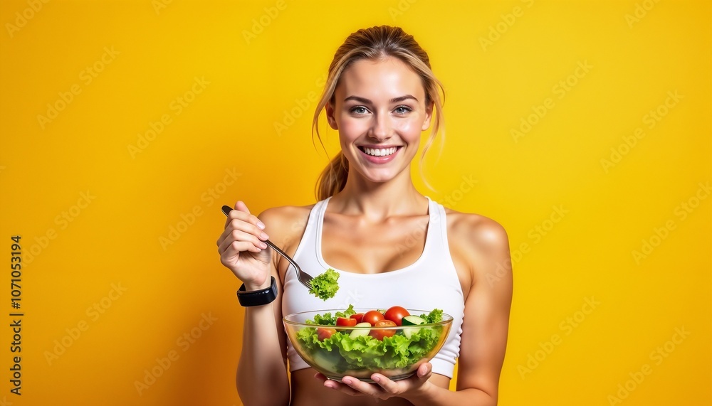 A cheerful woman in a white sports top holds a bowl of salad, radiating positivity and healthy living. The vibrant yellow background adds to the energetic and fresh feel of the image.
A cheerful woman in a white sports top holds a bowl of salad, radiating positivity and healthy living. The vibrant yellow background adds to the energetic and fresh feel of the image.