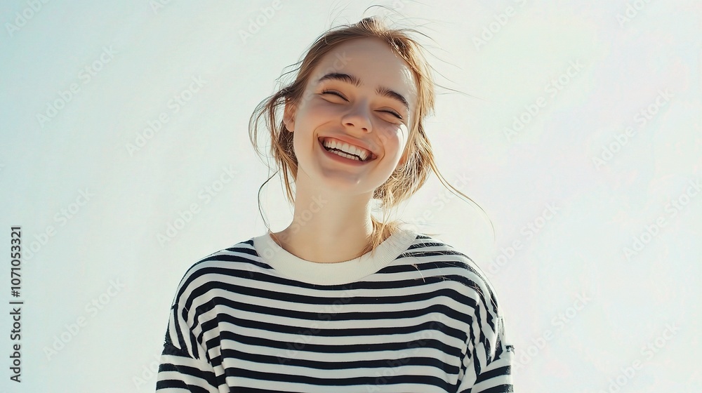 Cheerful Young Woman in Striped Sweatshirt Smiling Cheerful Young Woman in Striped Sweatshirt Smiling