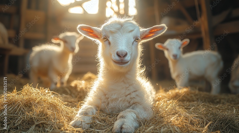 A white baby goat lays in a pile of straw with two other baby goats in the background, all looking at the camera. A white baby goat lays in a pile of straw with two other baby goats in the background, all looking at the camera.