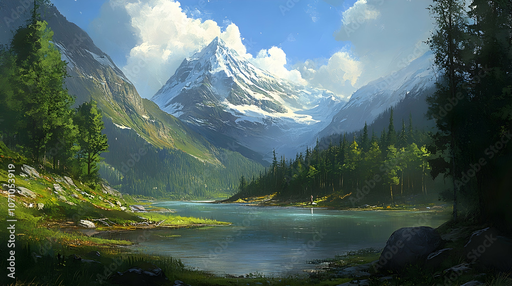 A serene mountain lake nestled between towering peaks, surrounded by lush green forests and a clear blue sky. A serene mountain lake nestled between towering peaks, surrounded by lush green forests and a clear blue sky.