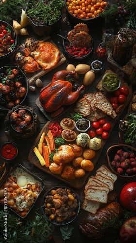 Christmas festive dinner table with roast chicken and vegetables