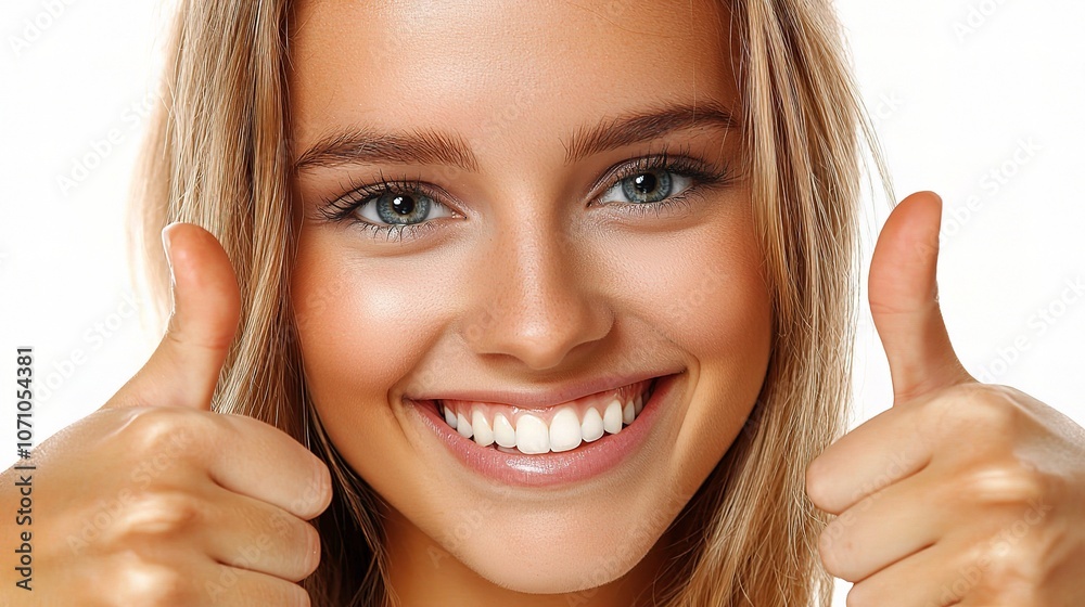 Cheerful Young Woman Smiling with Thumbs Up Cheerful Young Woman Smiling with Thumbs Up