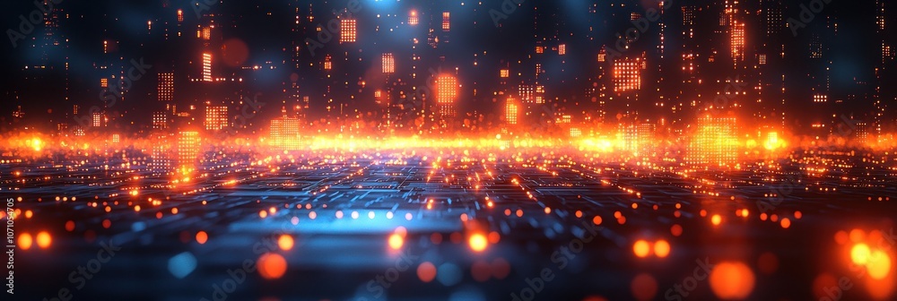 Abstract Digital Cityscape with Glowing Lights and Geometric Patterns Abstract Digital Cityscape with Glowing Lights and Geometric Patterns