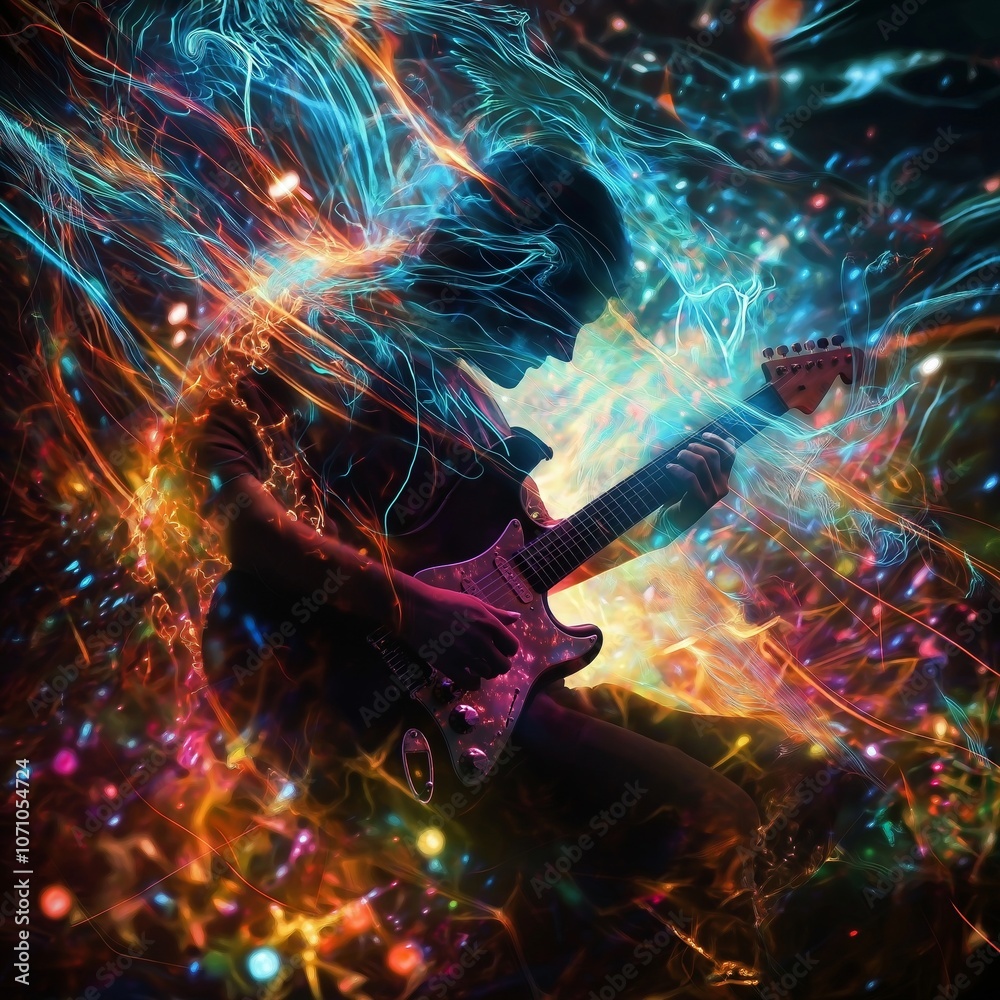 A silhouette of an electric guitarist playing amidst swirling, vivid streams of light.