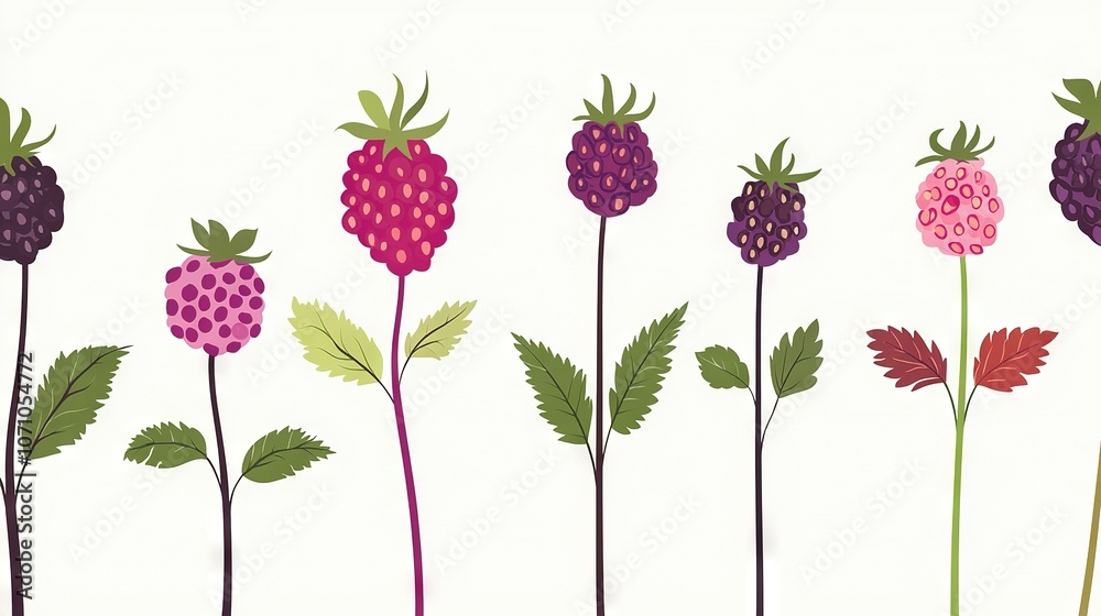A row of raspberries against a white backdrop with lush green foliage and a crimson berry perched atop A row of raspberries against a white backdrop with lush green foliage and a crimson berry perched atop