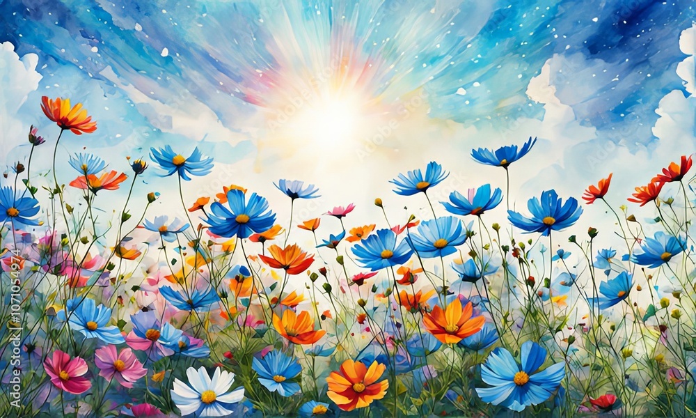 Dynamic scene of wildflowers swaying under expansive blue sky. Colorful petals in soft colorful create harmonious blend, set against dramatic clouds, capturing spirit of spring. For greeting cards. Dynamic scene of wildflowers swaying under expansive blue sky. Colorful petals in soft colorful create harmonious blend, set against dramatic clouds, capturing spirit of spring. For greeting cards.