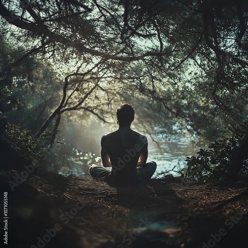 A person meditates quietly surrounded by trees as sunlight peeks through, creating a peaceful morning setting. photo