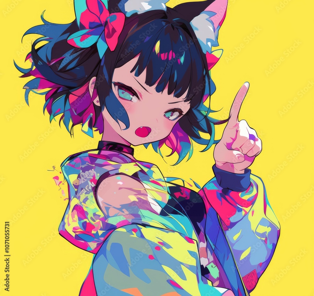 Naklejka premium Energetic and vibrant anime girl with cat ears, black hair, and colorful outfit, playfully sticking her middle finger up.