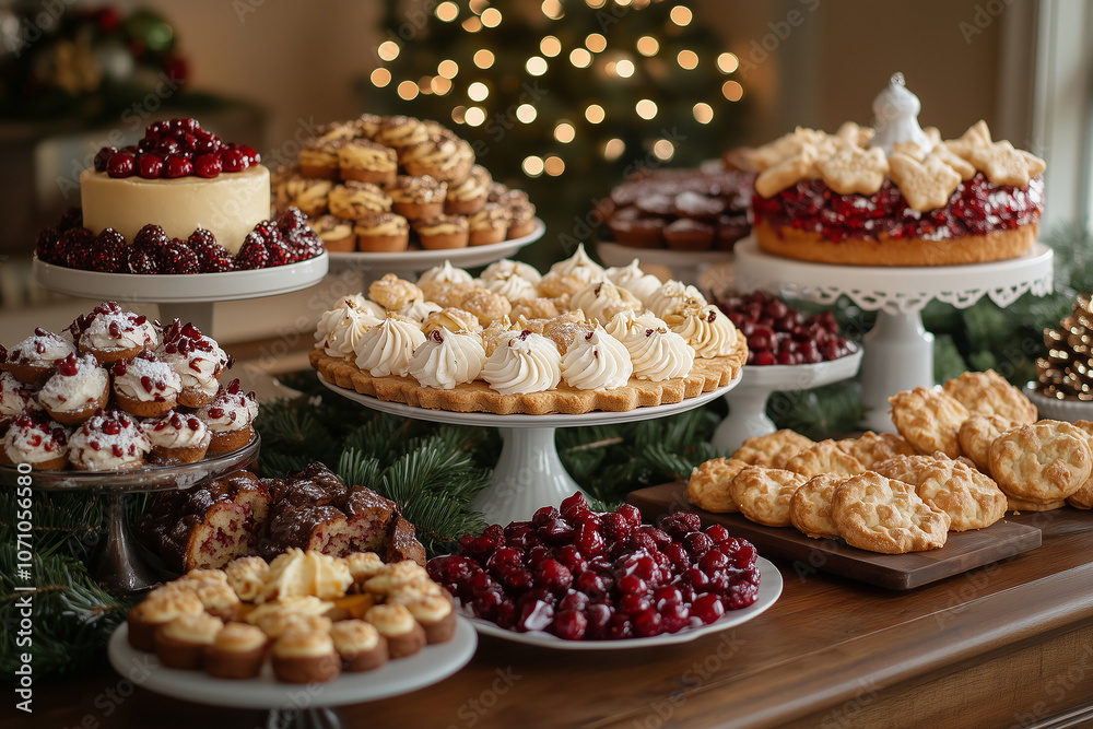 A beautifully decorated holiday table with a variety of delectable desserts and festive decor in a cozy setting with a Christmas tree A beautifully decorated holiday table with a variety of delectable desserts and festive decor in a cozy setting with a Christmas tree