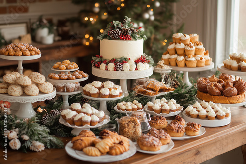 A beautifully decorated holiday table featuring a delightful array of sweets and treats surrounded by festive decorations