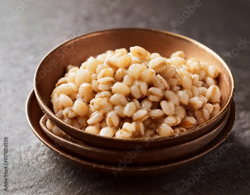 boiled barley groats closeup selective focus photo