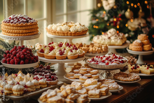 A beautifully decorated holiday table filled with an array of festive desserts and treats in a cozy setting