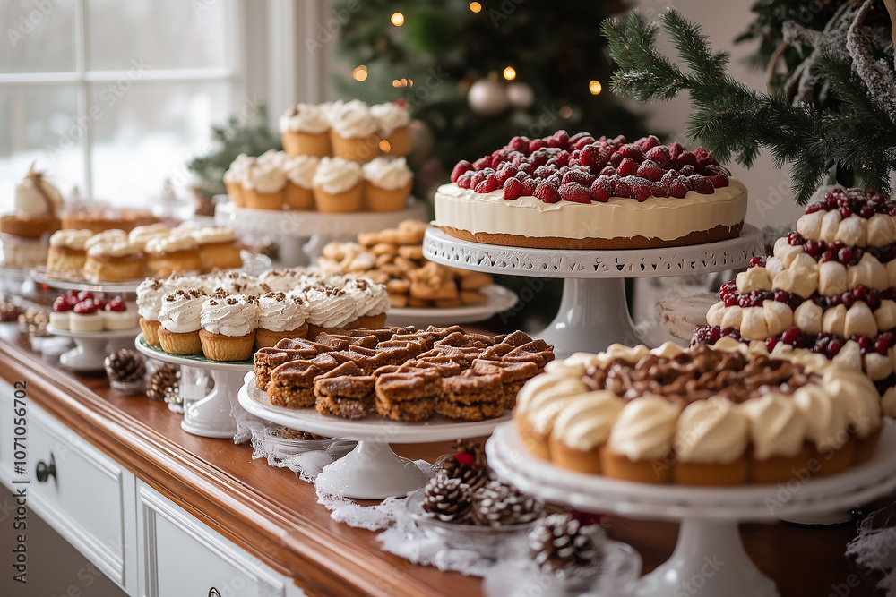Elegant holiday dessert table featuring an array of cakes, pastries, and festive decorations set in a cozy winter setting Elegant holiday dessert table featuring an array of cakes, pastries, and festive decorations set in a cozy winter setting
